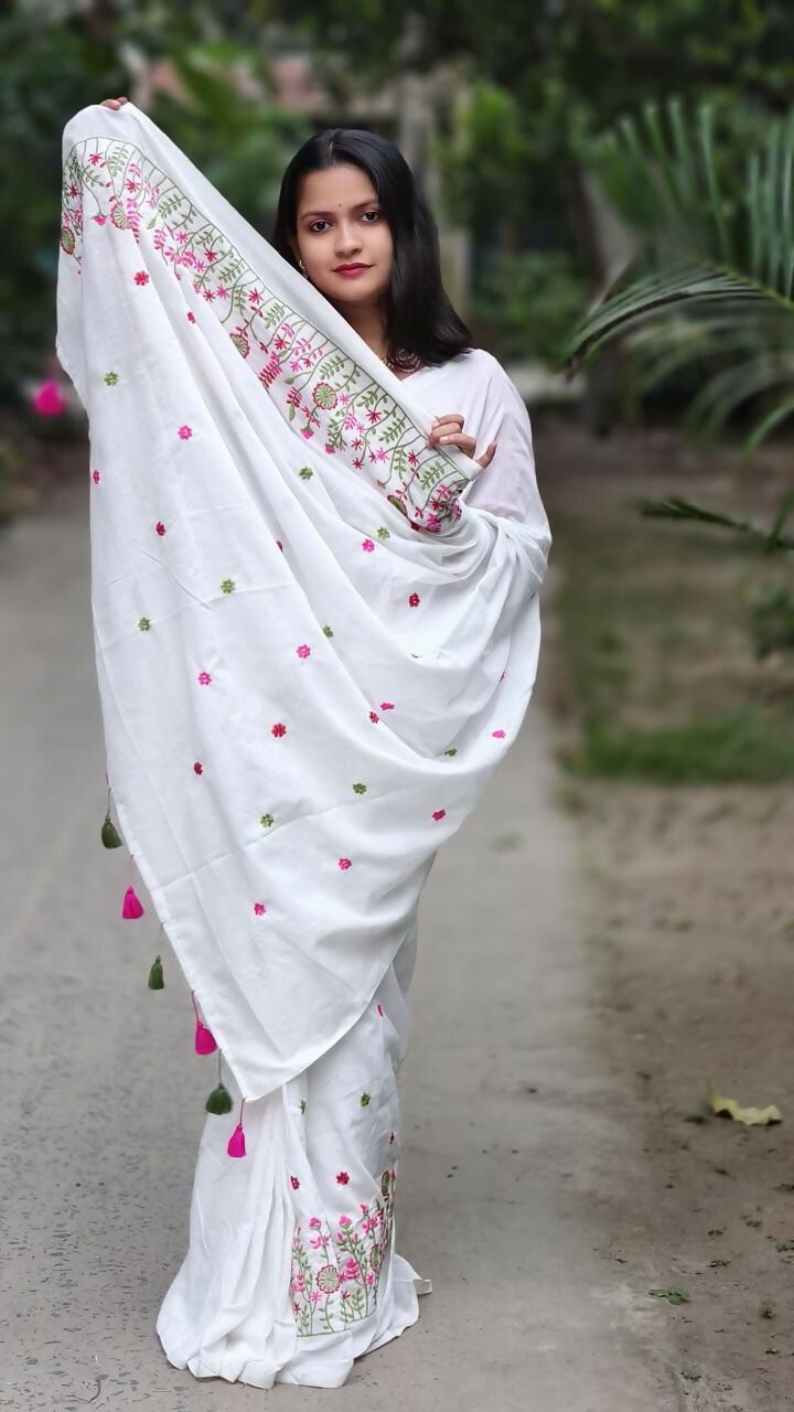 Exclusive Collection White Pure Cotton Handloom Embroidered Grab2Buy 