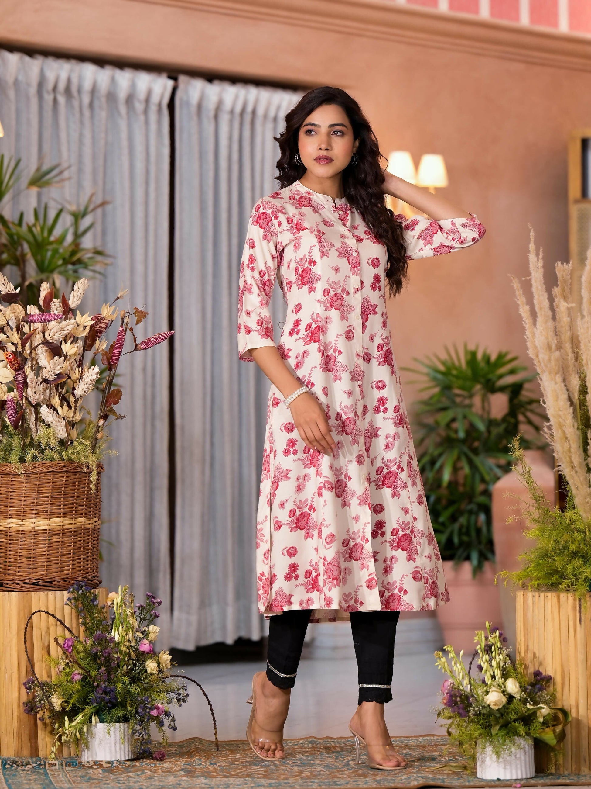 Juniper Women's Off White Floral Printed Liva Rayon Kurta With Button Closure