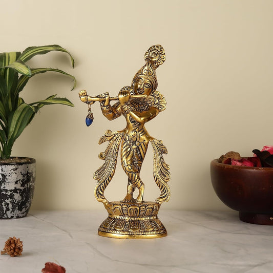 Purestory Lord Krishna Metal Statues Playing Flute - Grab2buy