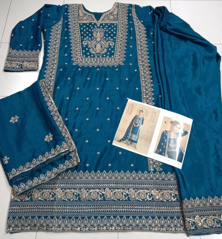 Vastranavya Teal Chinon Silk Embroidered Sequins Pakistani Straight Plaazo Suit  Grab2Buy Vastranavya Grab2Buy