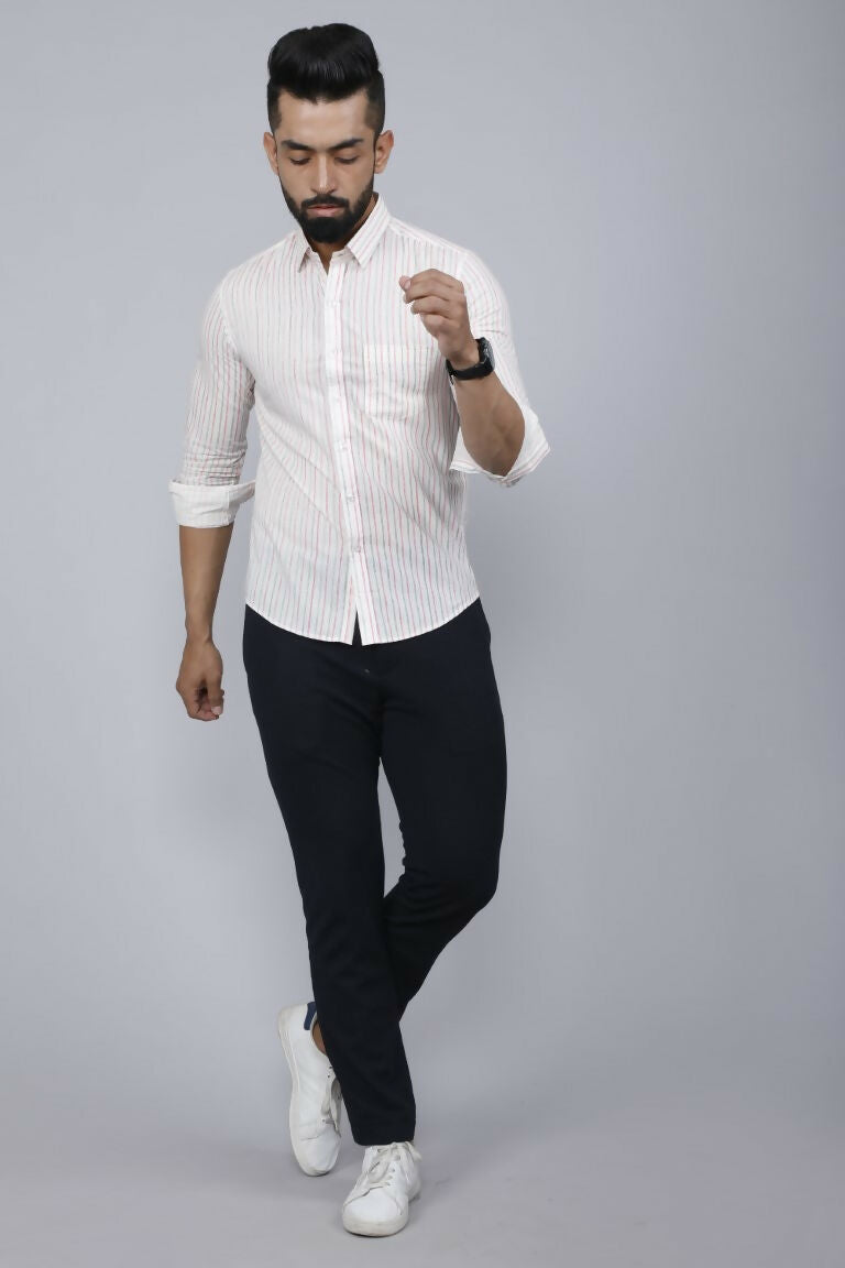 Miravan Men's White Spread Collar Striped Print Casual Shirt 