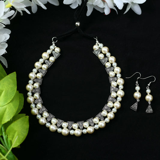 Mominos Fashion Johar Kamal Silver-Plated Brass Finish Pearls Work Choker For Women (White) - Grab2buy