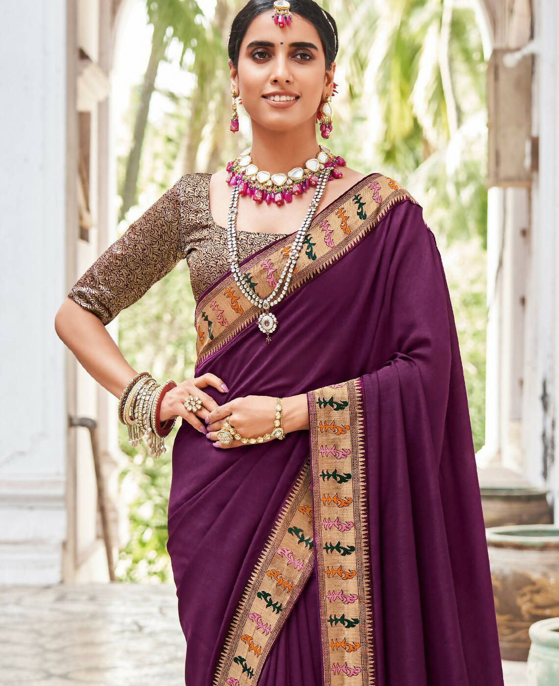 Purple Vichitra Solid Saree With Unstitched Blouse Piece - Juhi