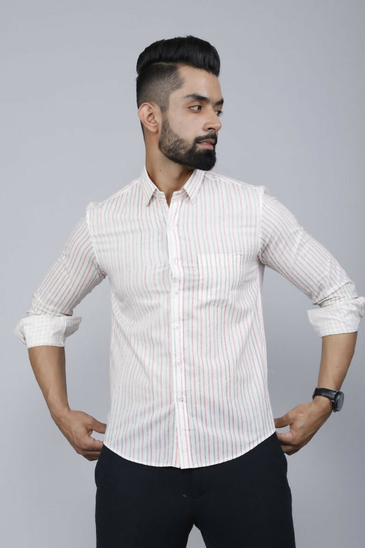 Miravan Men's White Spread Collar Striped Print Casual Shirt 