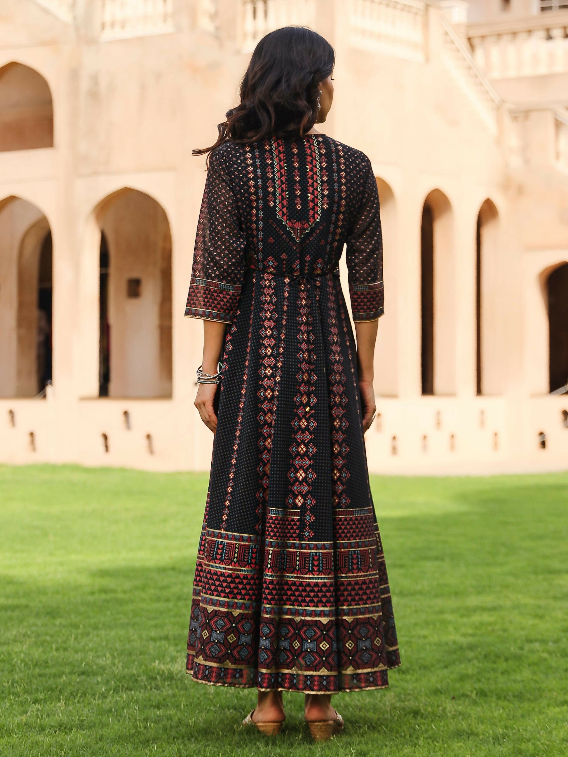 Juniper Women's The Mahautsavam Black Ethnic Motif Printed Georgette Dress With Sequins & Beads