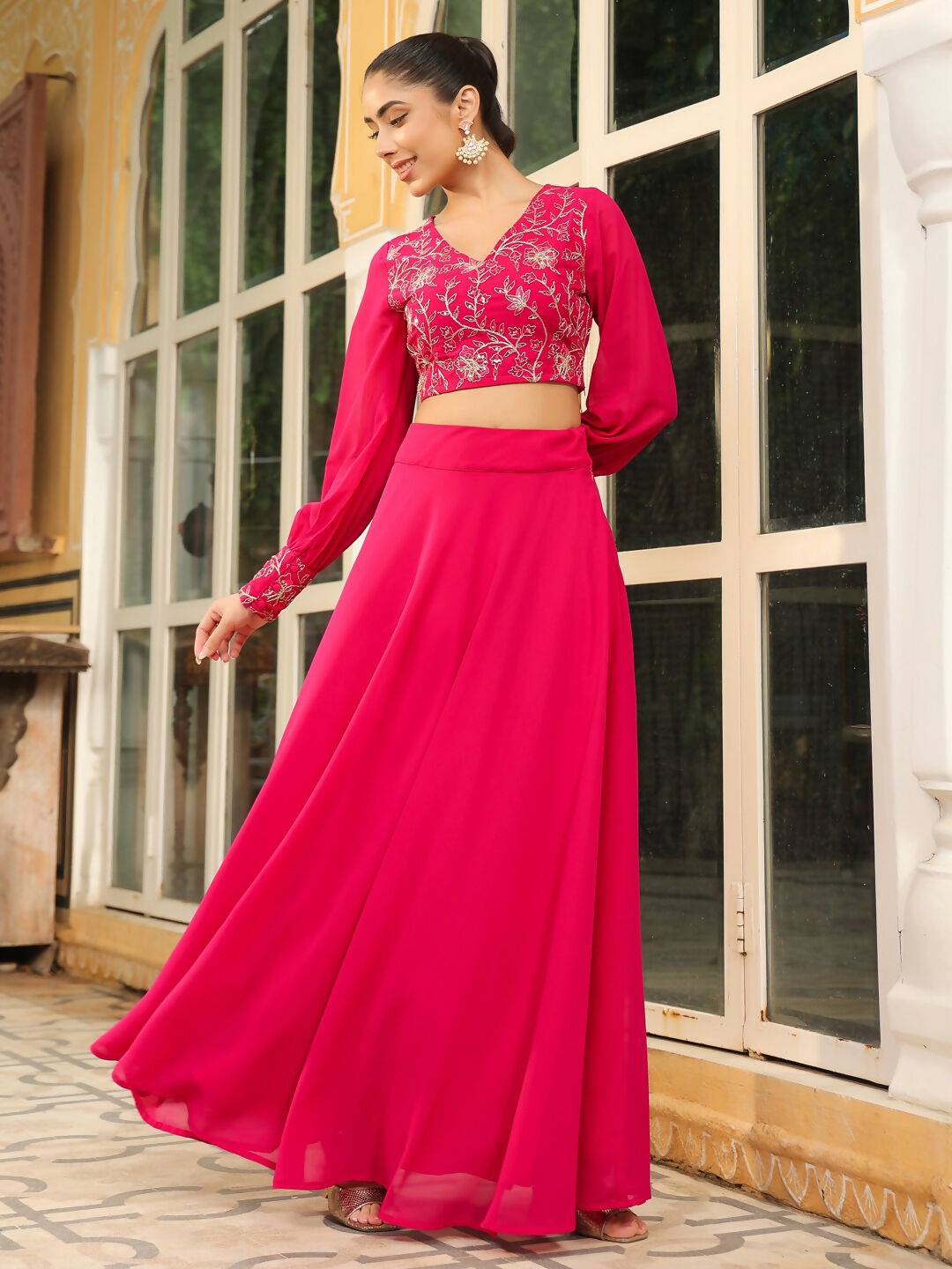 Janasya Pink Georgette Embroidered Top & Skirt 