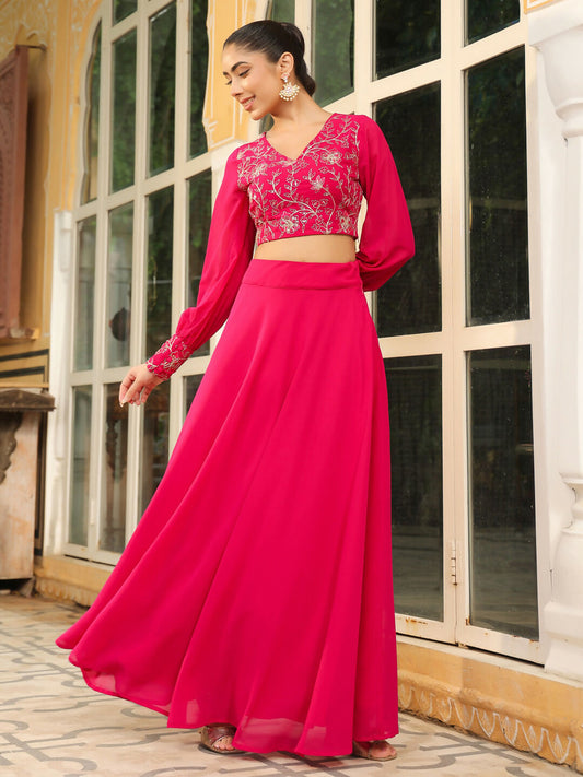 Janasya Pink Georgette Embroidered Top & Skirt 