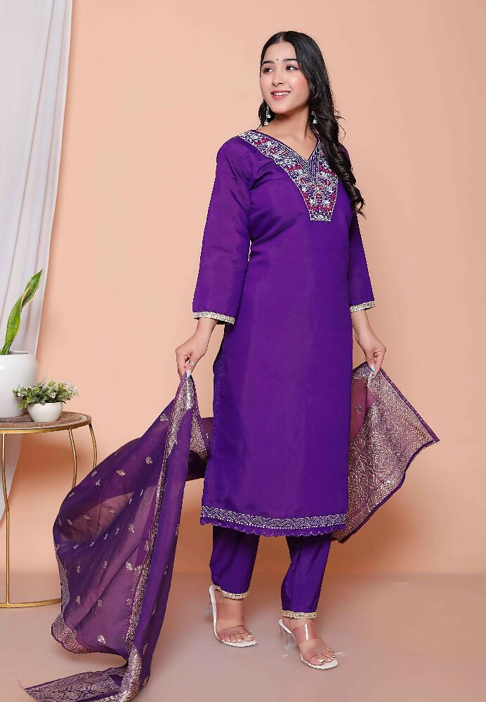 Miravan Womens Purple Muslin Straight Kurta And Palazzo With Dupatta Suit Set