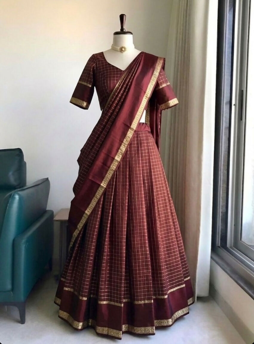 Teeya Creation New South Indian Silk Checked Half Saree Lehenga Choli with Zari Border-Maroon