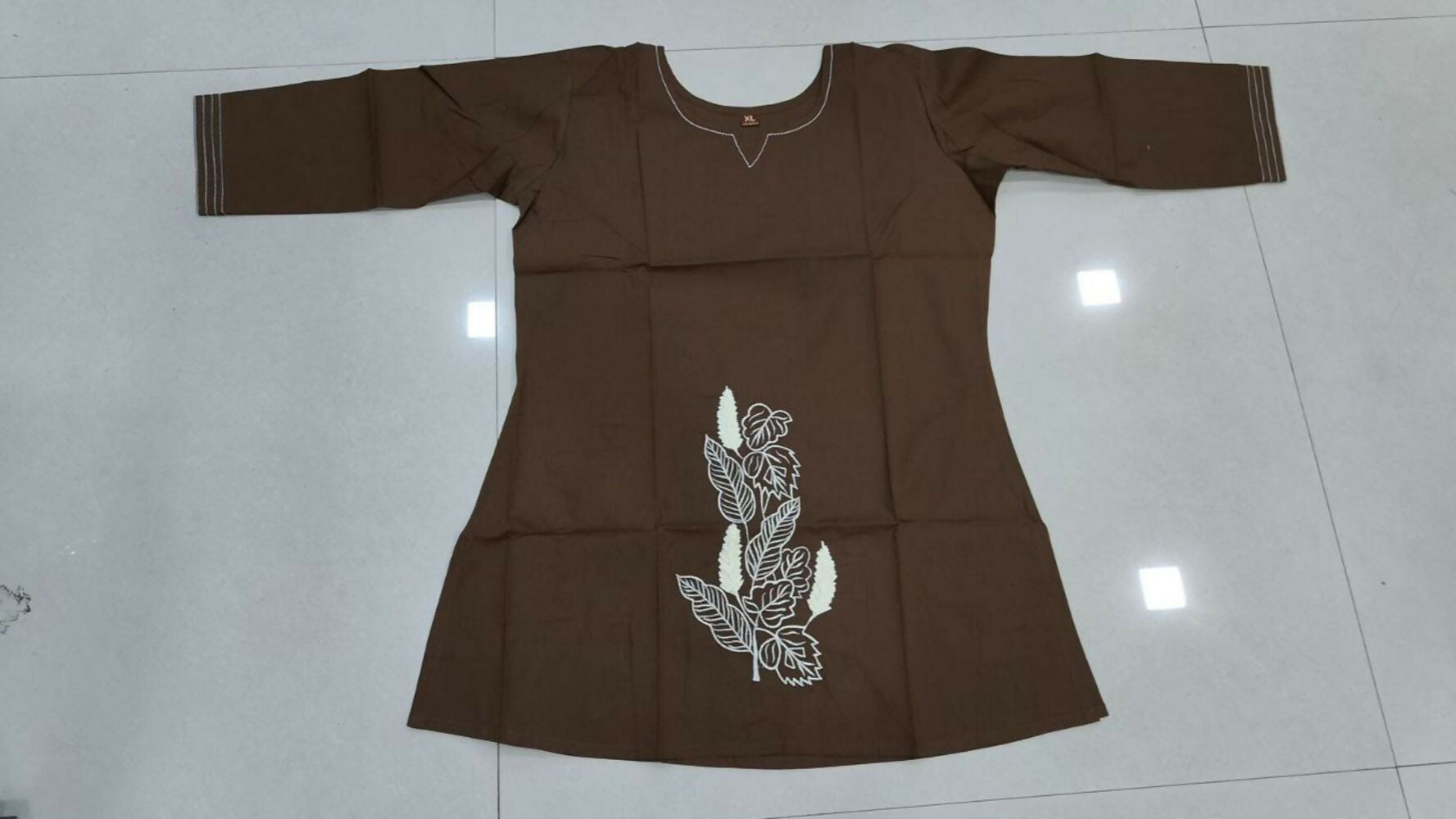 Teeya Creation Womens New Latest Cotton Brown Floral Embroidered Short Kurti