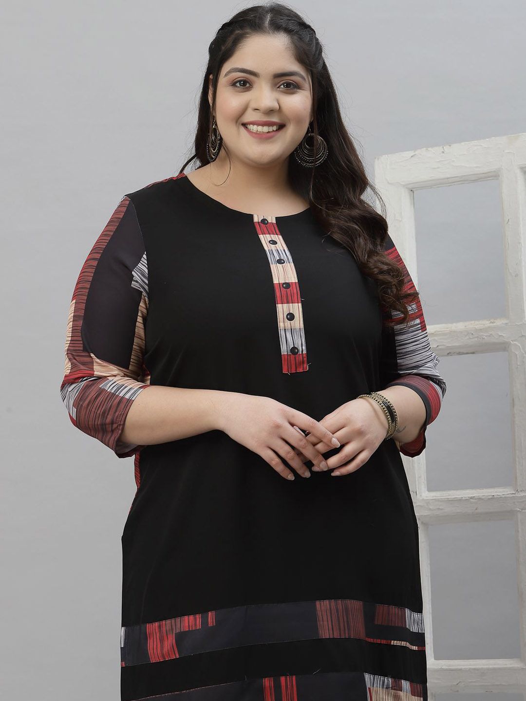 Sztori Plus Size Printed Neck Round Neck Straight Kurta