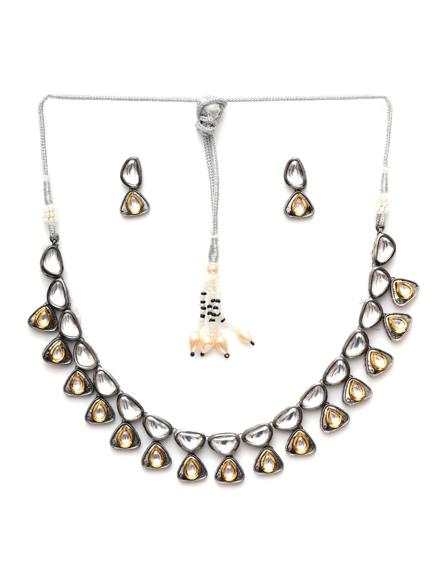 Dual Tone Kundan Neckpiece with Earrings Jewellery Set (silver) - Ruby Raang - Grab2buy