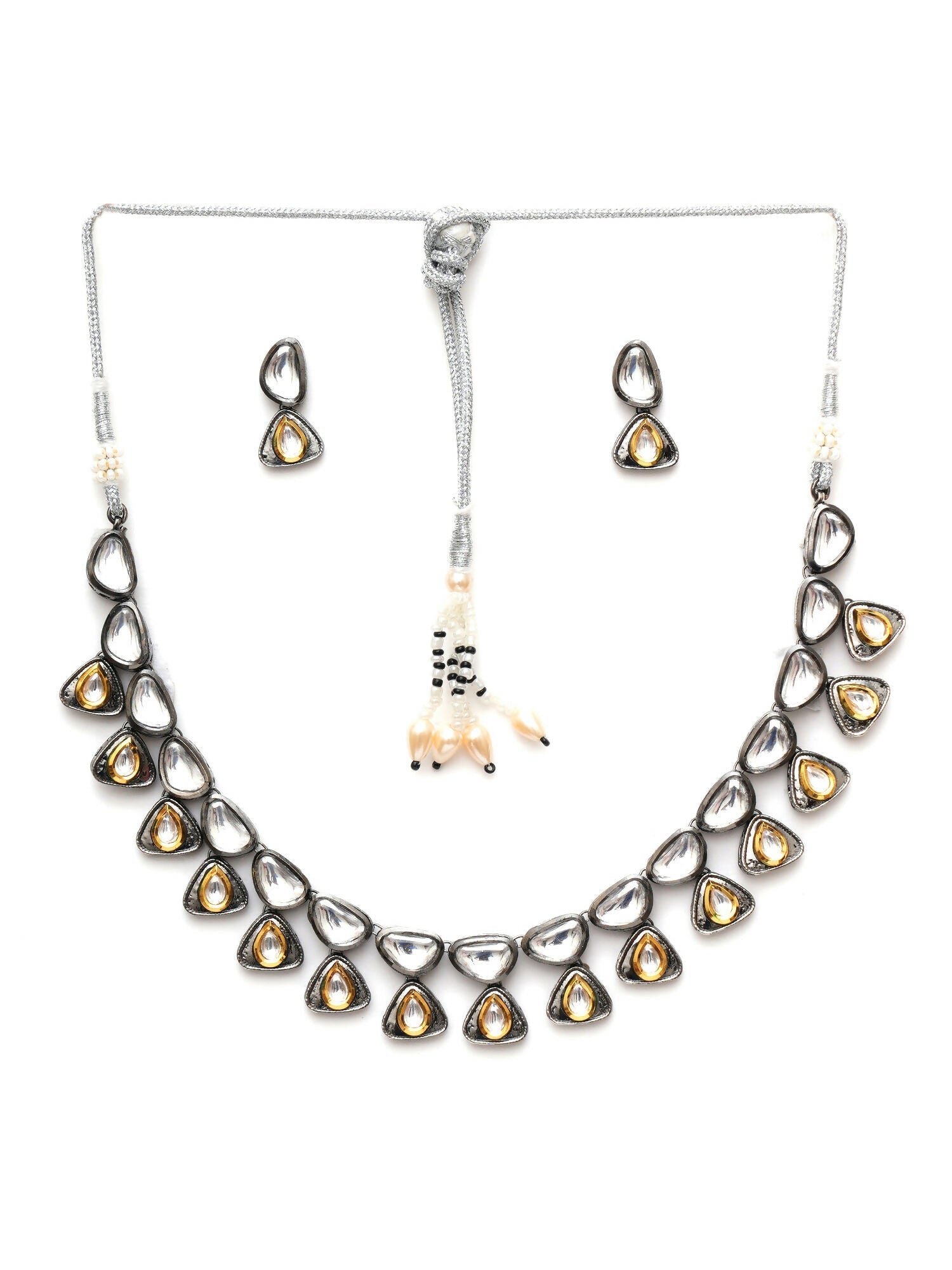 Dual Tone Kundan Neckpiece with Earrings Jewellery Set (silver) - Ruby Raang - Swadesiicart