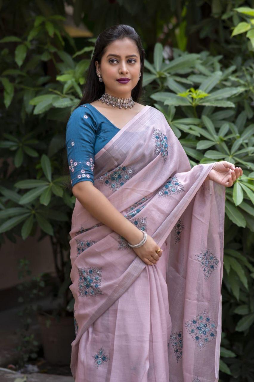 Mine Pure Linen Ethnic Motifs Saree with Unstitched Blouse - A2M