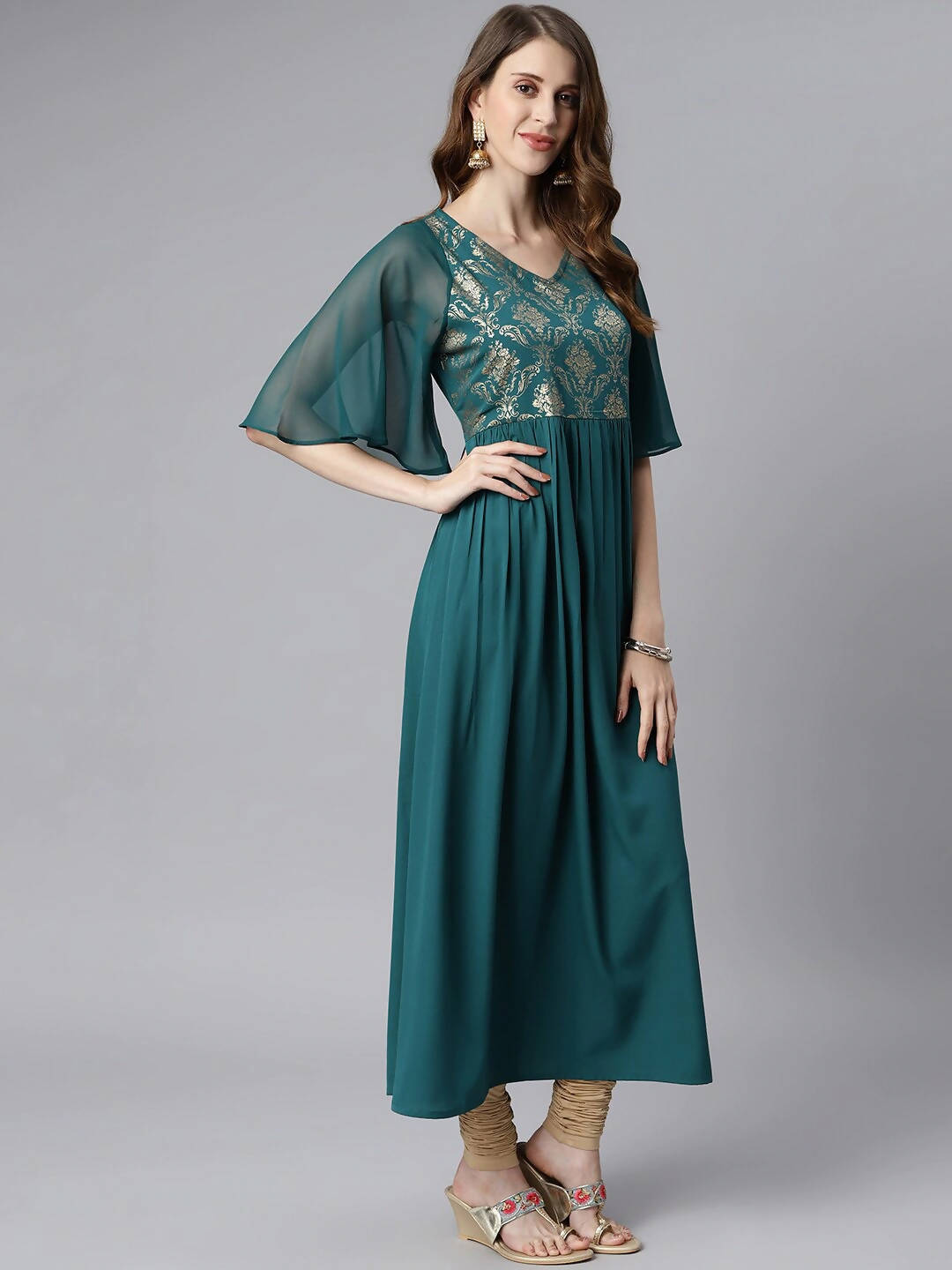 Janasya Women Teal Yoke Design Flared Sleeves Crepe Anarkali Kurta