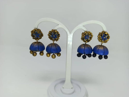 Terracota Beautiful Blue Terracotta Flower Studs with Jhumkas