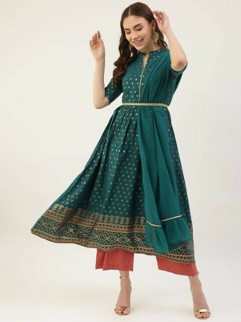 FIORRA Women's Turquise Poly Crepe Flared Kurta With Dupatta 