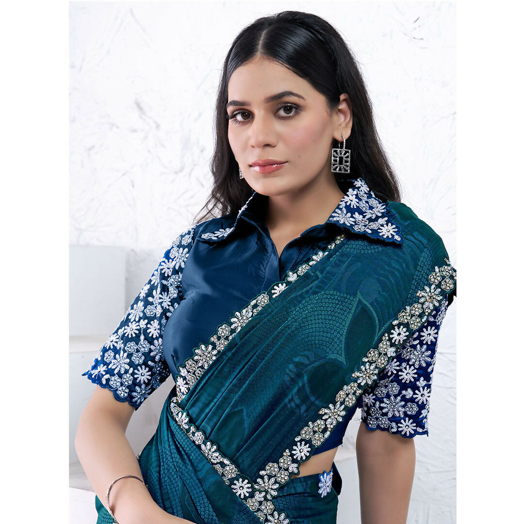 Teal Pattern Georgette Sequence With Hand Work Saree With Unstitched Blouse - Norita Swaraa