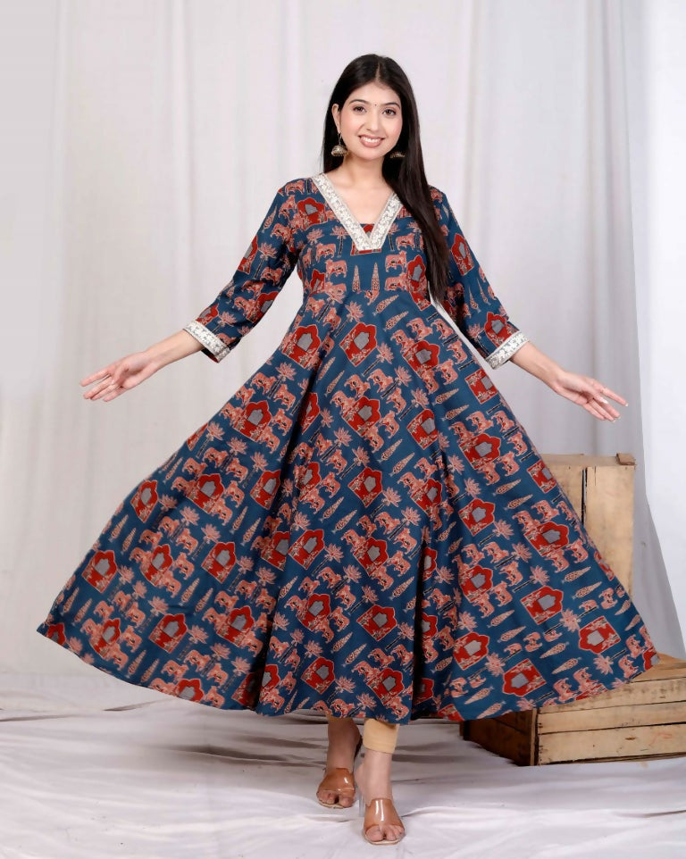 Miravan Women's Pure Cotton Blue Animal Printed Zari Lace Work Yoke Anarkali Kurta
