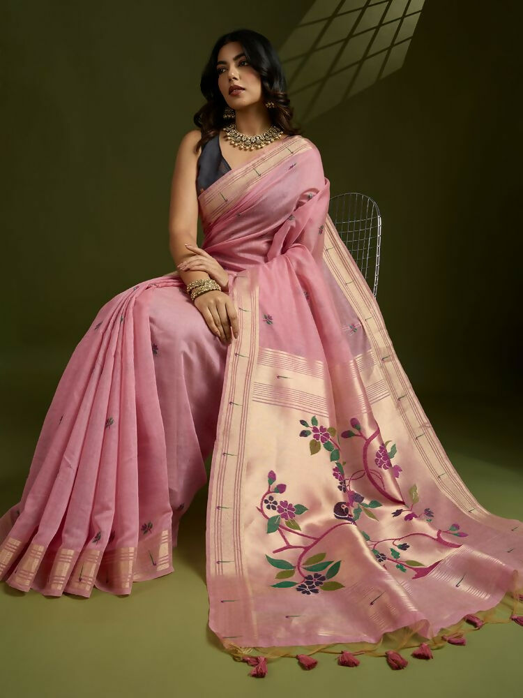 Vishnu Weaves Women's Pink Muga Cotton Thread Woven Butti with Blouse 