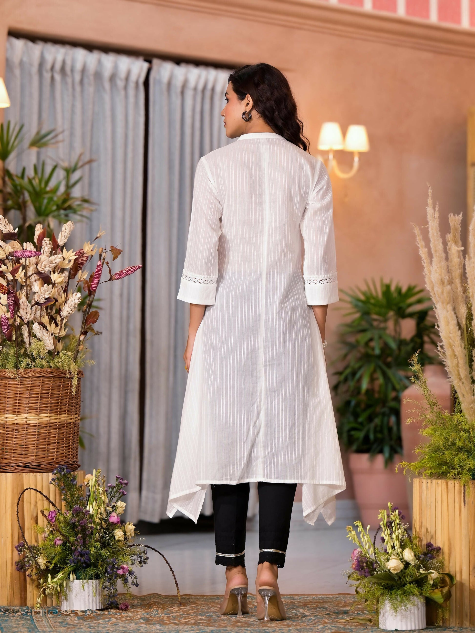 Juniper Women's Off White Thread Embroidered Cotton Asymmetrical Kurta With Button Closure
