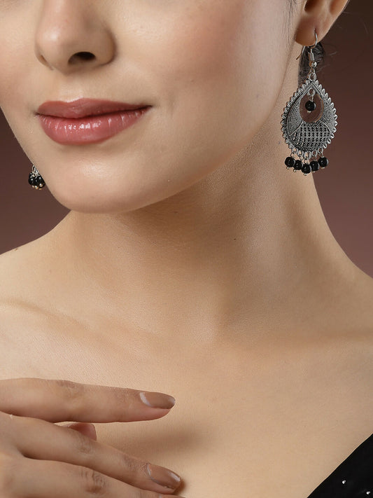 NVR Women's Silver-Plated Artificial Beads German Silver Oxidised Chandbali Earrings