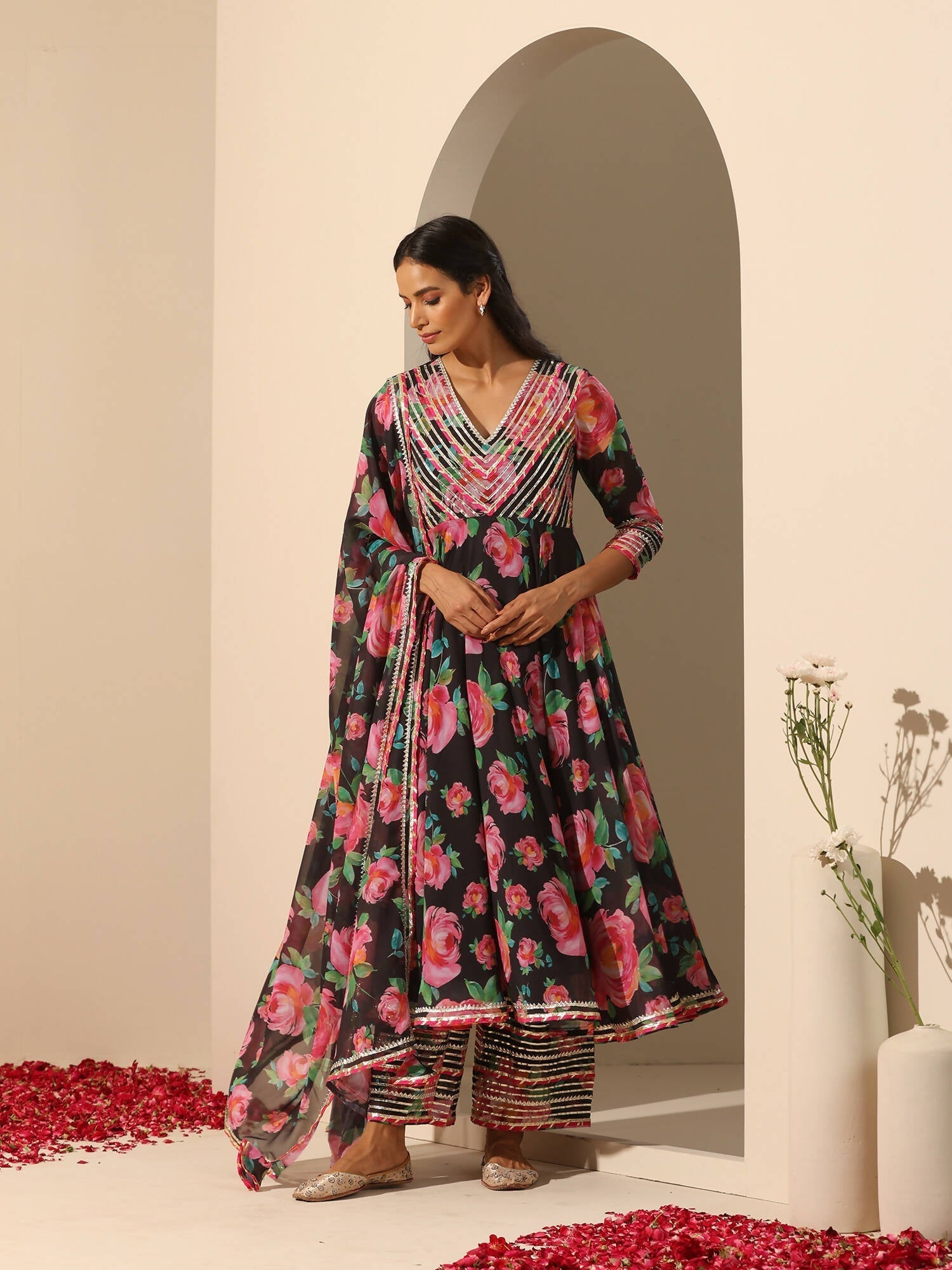 Pomcha Jaipur Black Gul Gulab Anarkali Set 