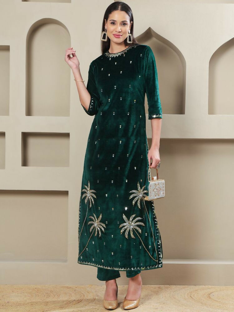 Joban Fashion Women Green Velvet Hand Embellishment Stitched Kurta Set