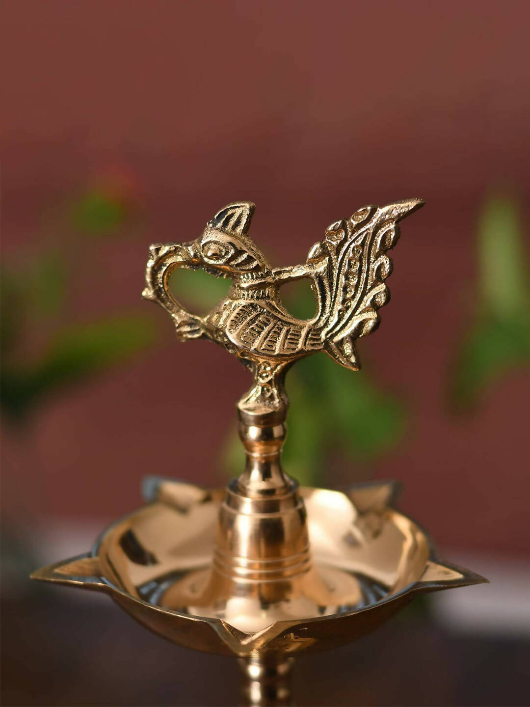 CraftVatika Gold-Toned Brass Peacock Mahabharat Diya 