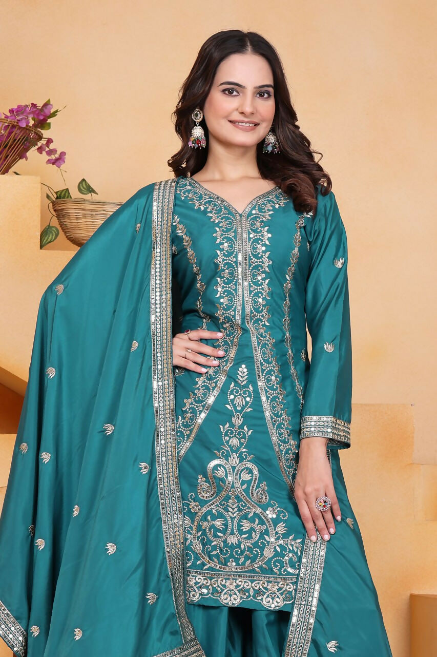 Joban Fashion Teal Crepe Embroidered Sharara Set