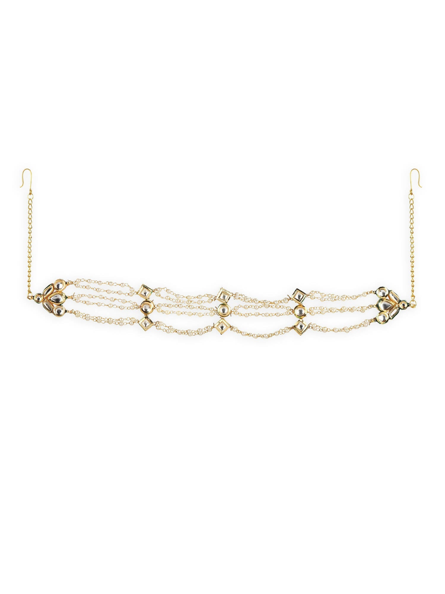 Gold-Plated White Kundan-Studded Pearl Head Chains - Ruby Raang - Grab2buy