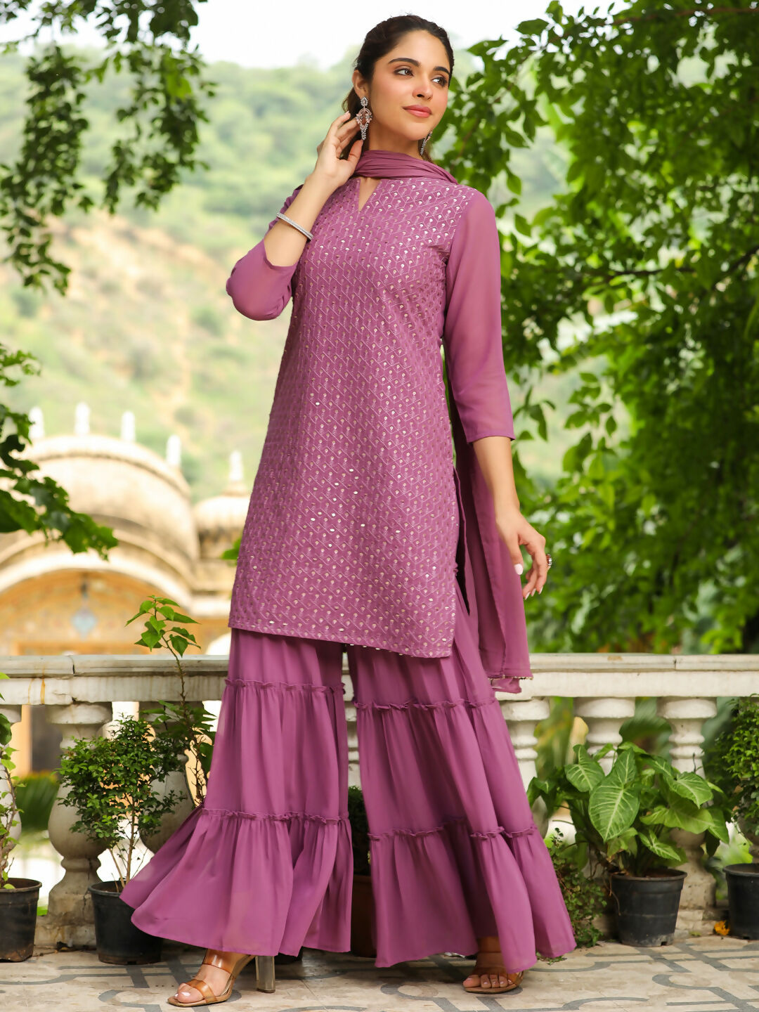 Janasya Lavender Georgette Embroidered Kurta,Bottom & Dupatta 