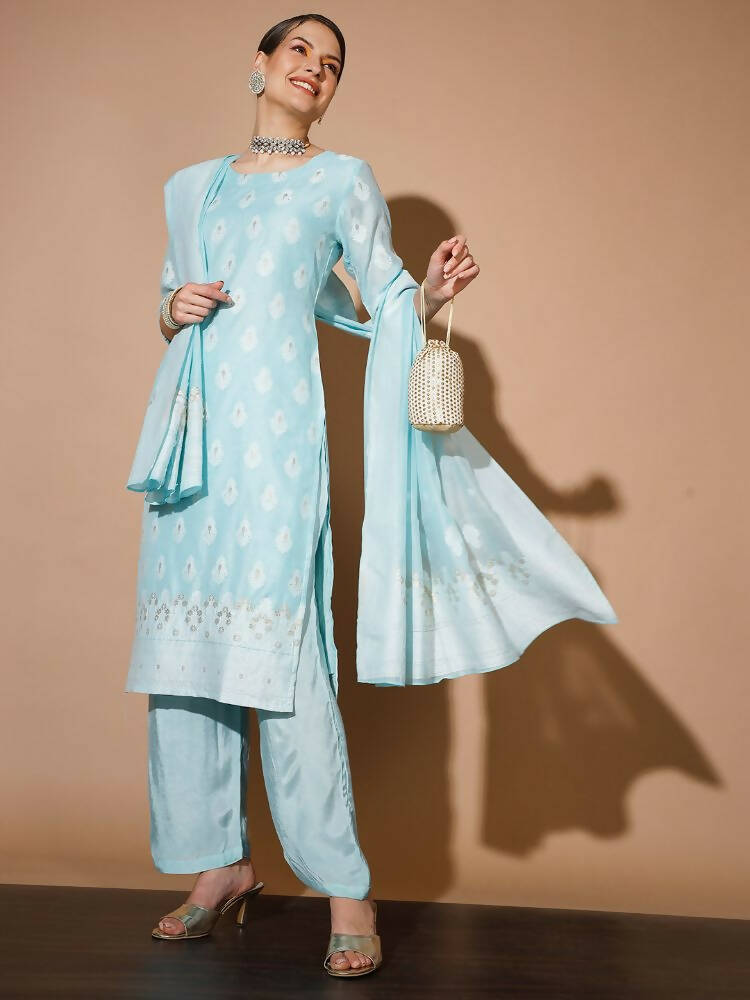 Myshka Women Blue Printed Kurta & Palazzos With Dupatta