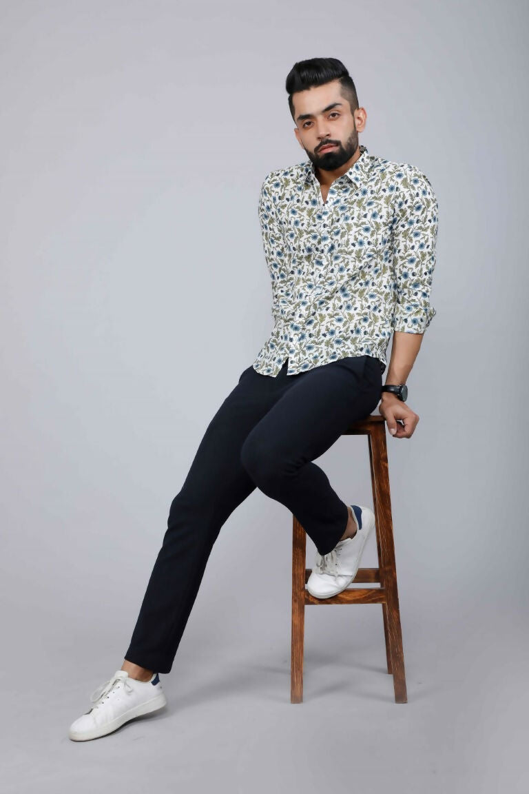 Miravan Men's White & Blue Floral Print Cotton Regular Fit Shirt 