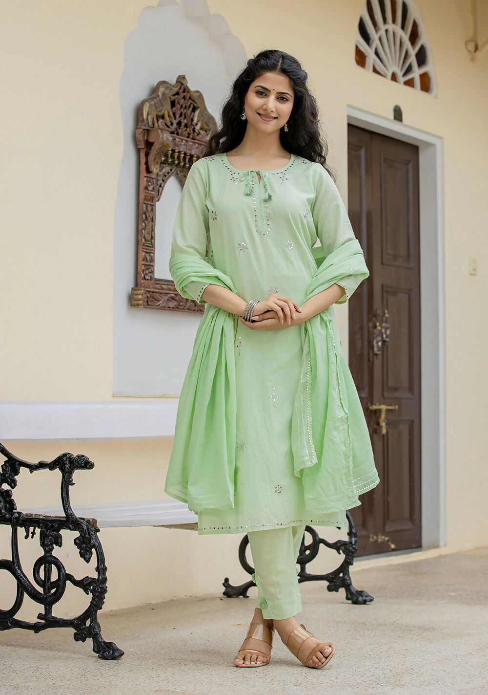 Kaajh Women's Green Mirror Embellished Cotton Suit Set