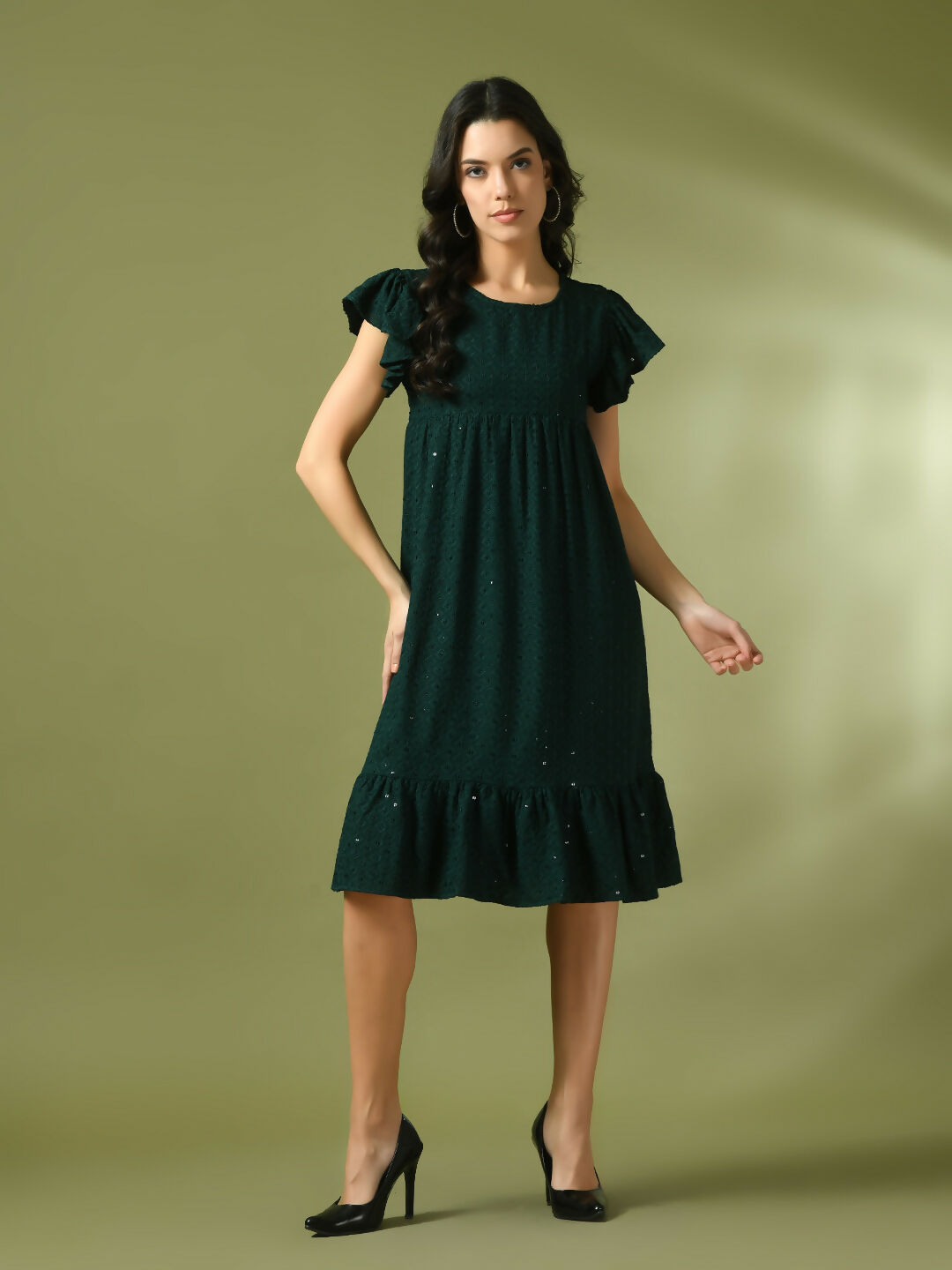 Myshka Women's Green Embroidered Cotton Round Neck A-Line Party Dress