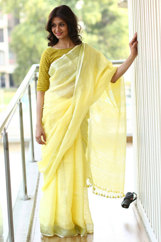 Very Much Indian Pure Linen Saree With Sleek Border And Exclusive Design - Light Yellow - Grab2buy