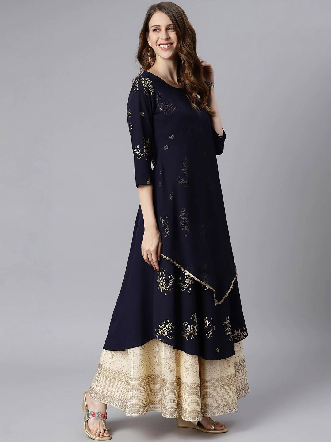 Janasya Women Navy Blue Quirky Embellished Crepe Anarkali Kurta