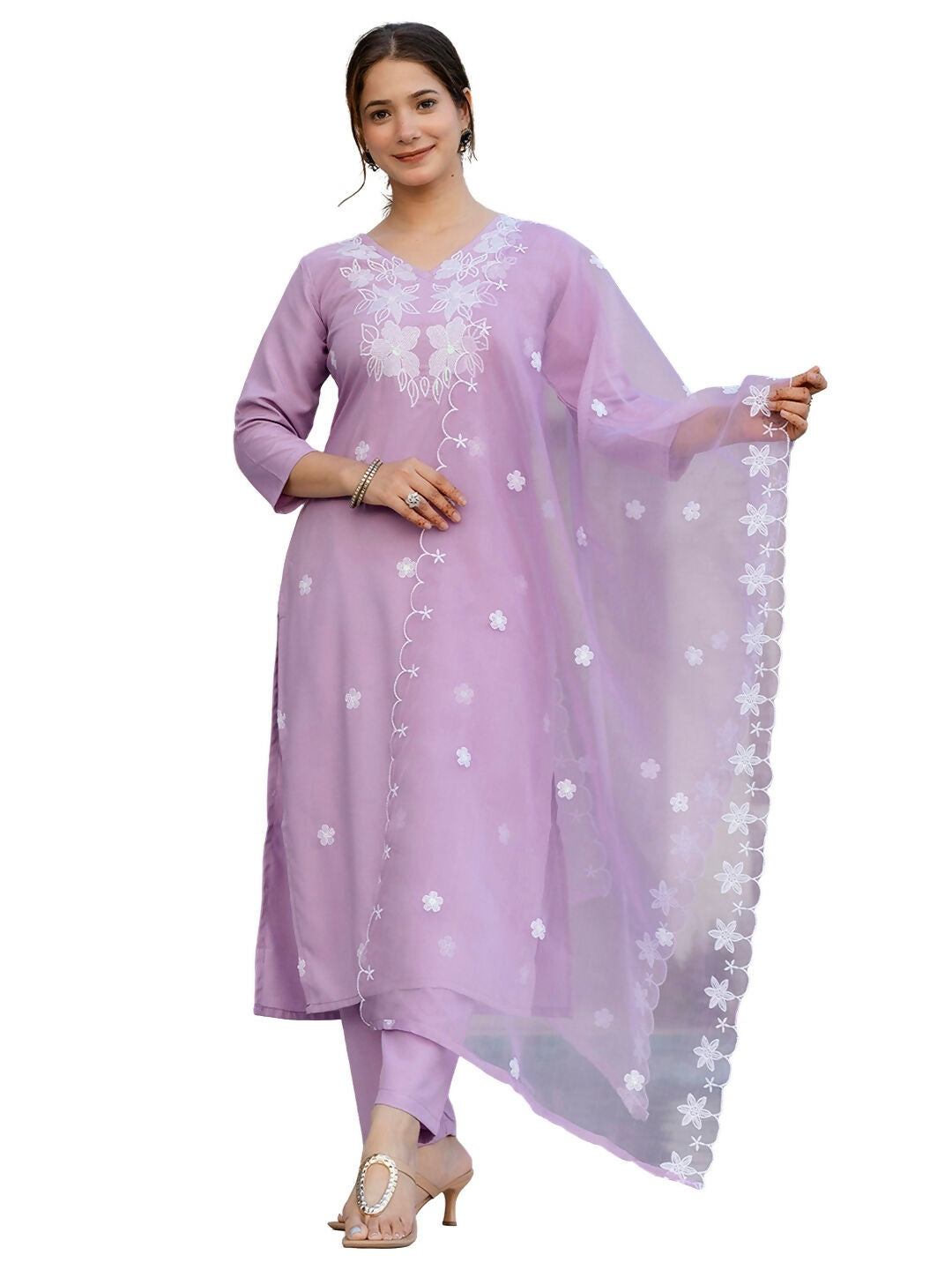 The52 Lavender Women's Beautiful Thread work Rayon Fabric with Straight Kurta, Pant and Dupatta Set | Grab2Buy
