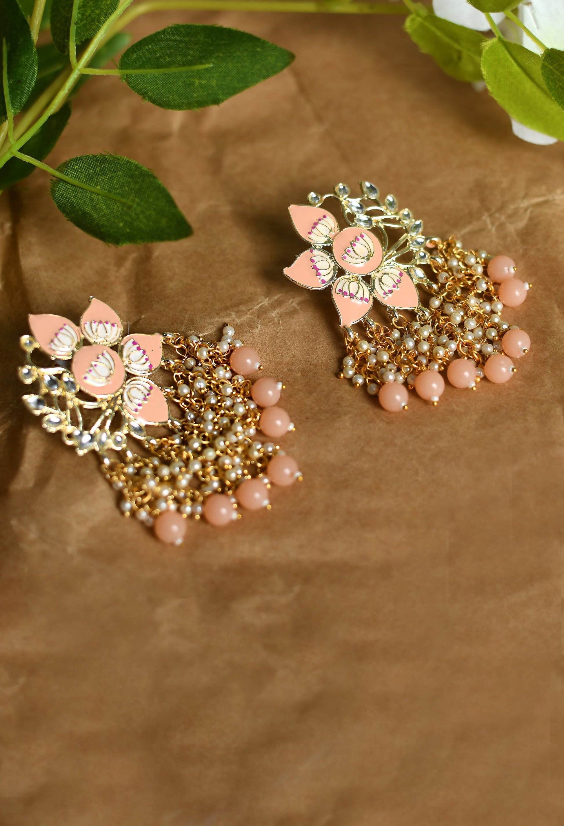 Mominos Fashion Johar Kamal Gold-Plated Kundan Peach Meenakari Earrings - Grab2buy