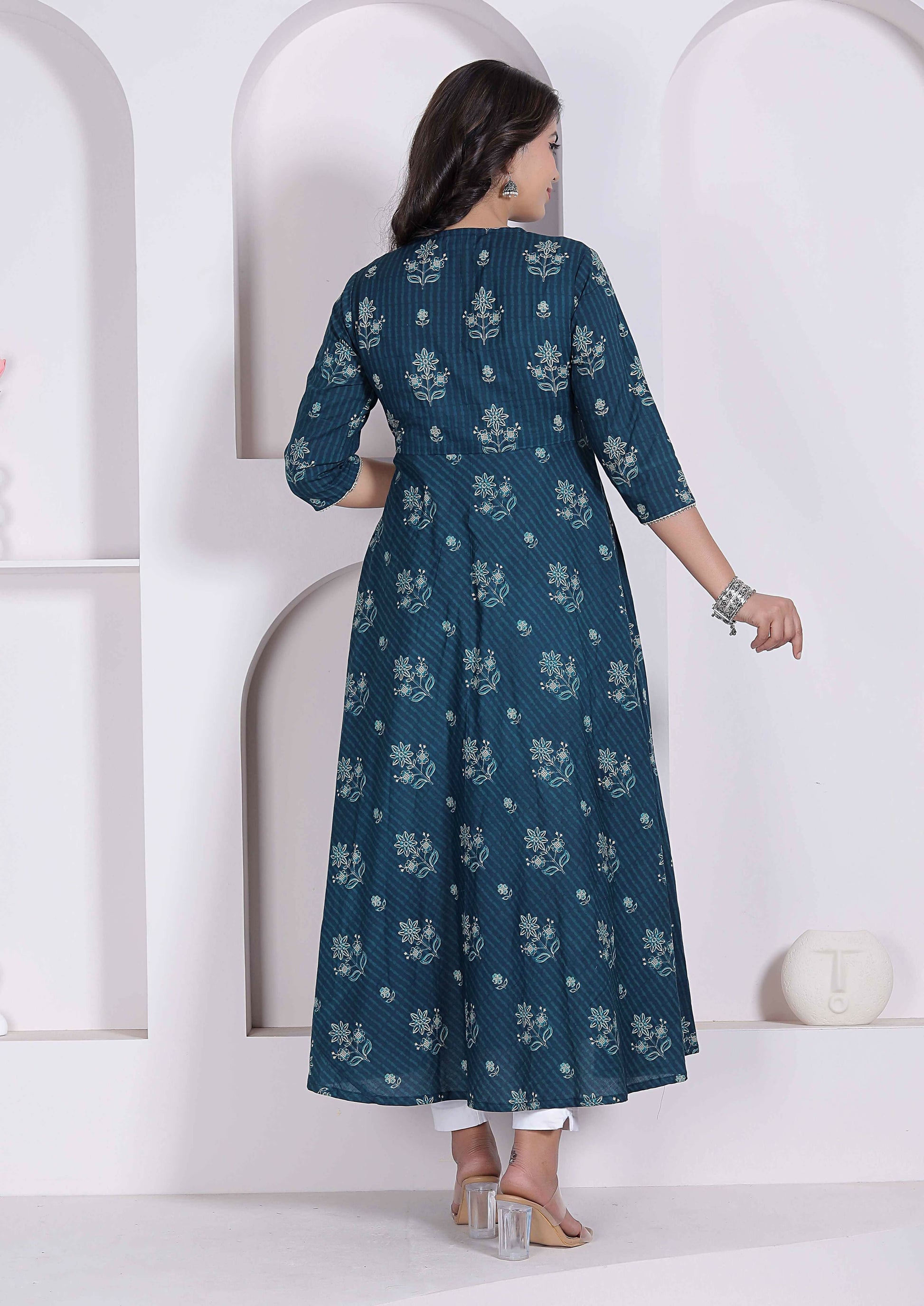 Miravan Womens Blue Ethnic Motifs Printed V-Neck Cotton Angrakha Kurta
