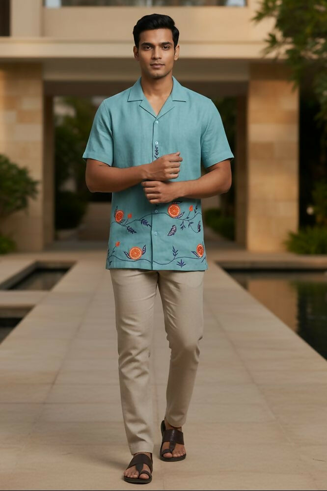 Coastline — Sea Green Embroidered Linen Shirt by Hilo Design