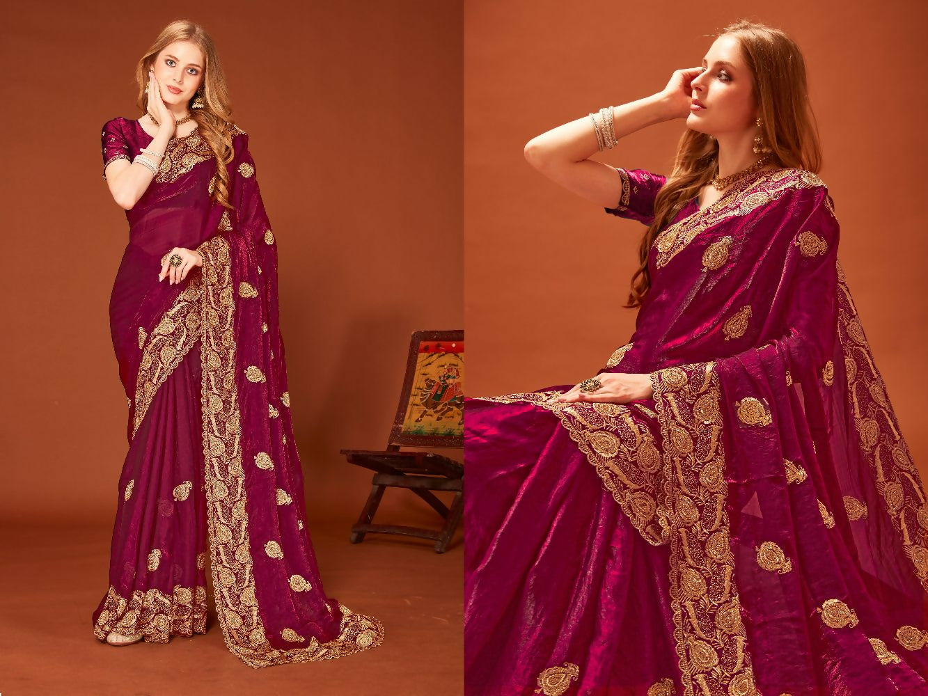 PR Fashion Wine Fendi Two Tone Silk Heavy Zari Embroidery Work With Zircon Work Saree