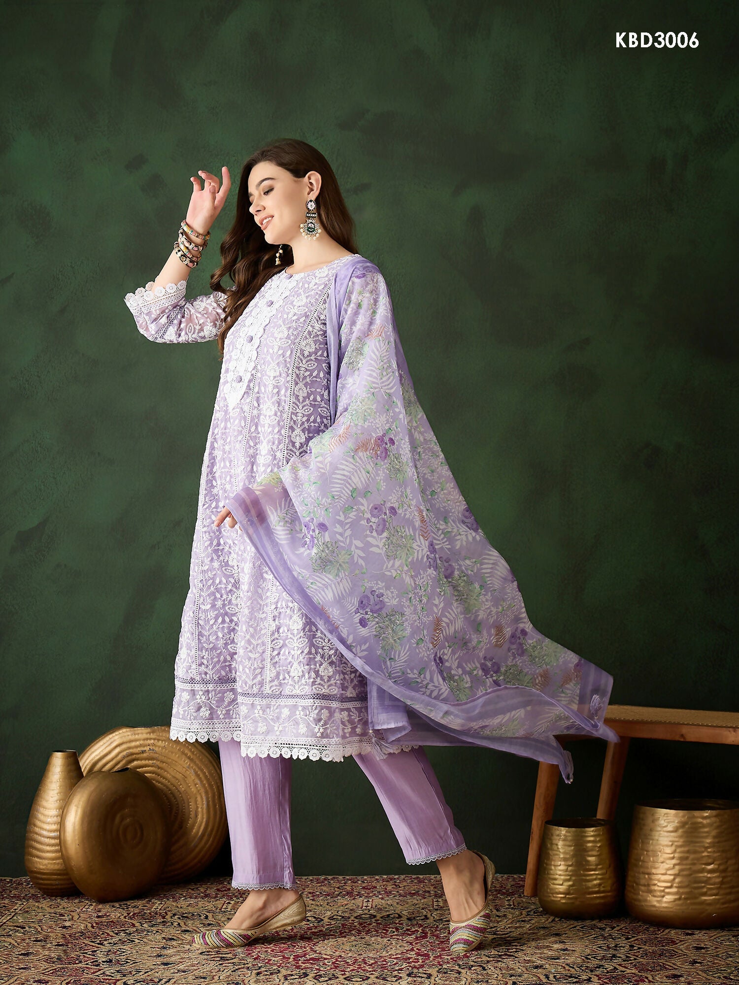Lavender Crystal Organza schiffli embroidery Kurta With Trouser & Dupatta - Bhumi