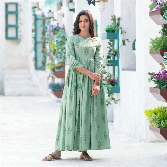 Partywear Designer Digital Printed Moss Green Pure Maslin Gown - Anbazaar