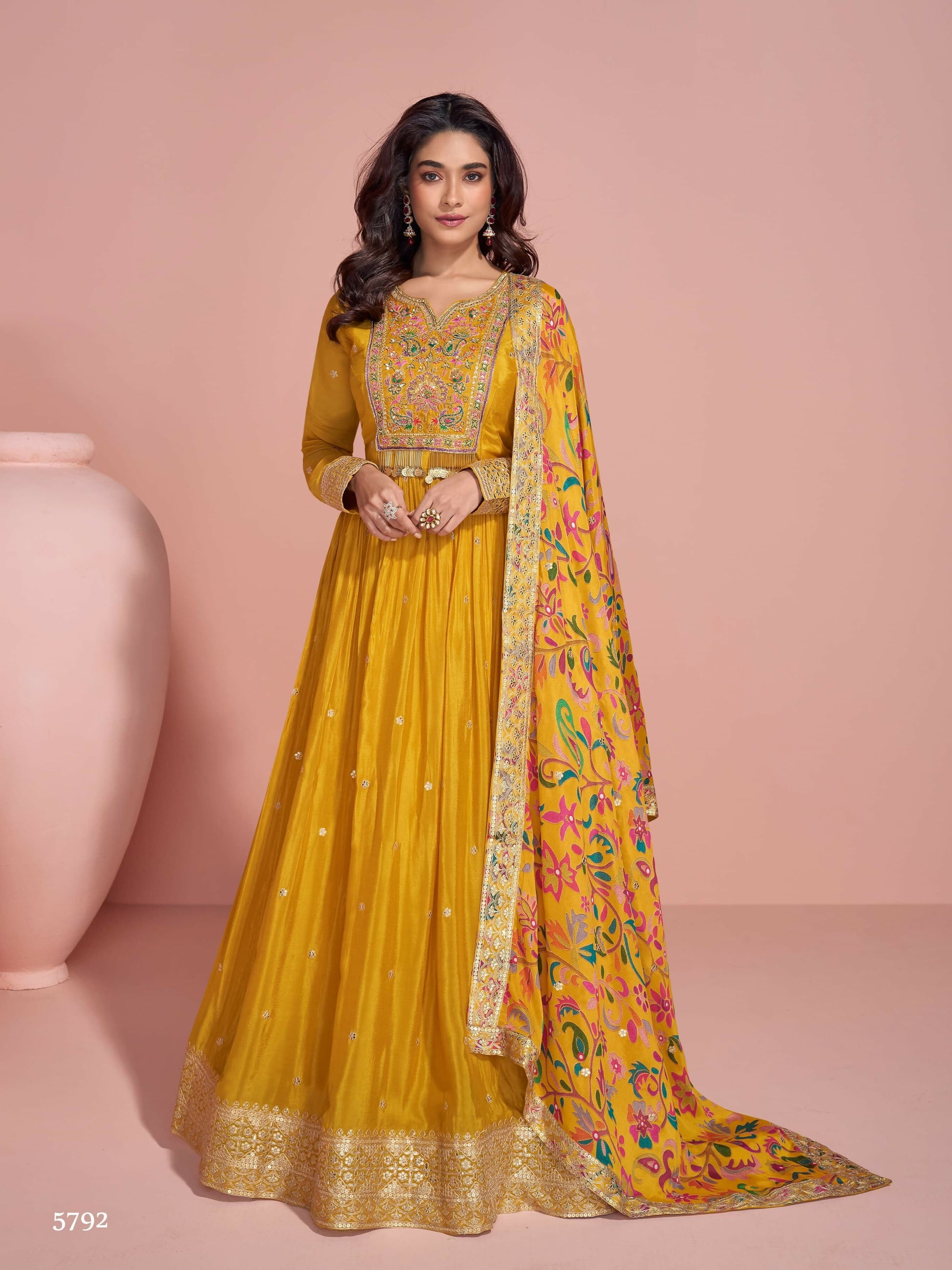 Anaita Yellow Embroidered Silk Anarkali Suits