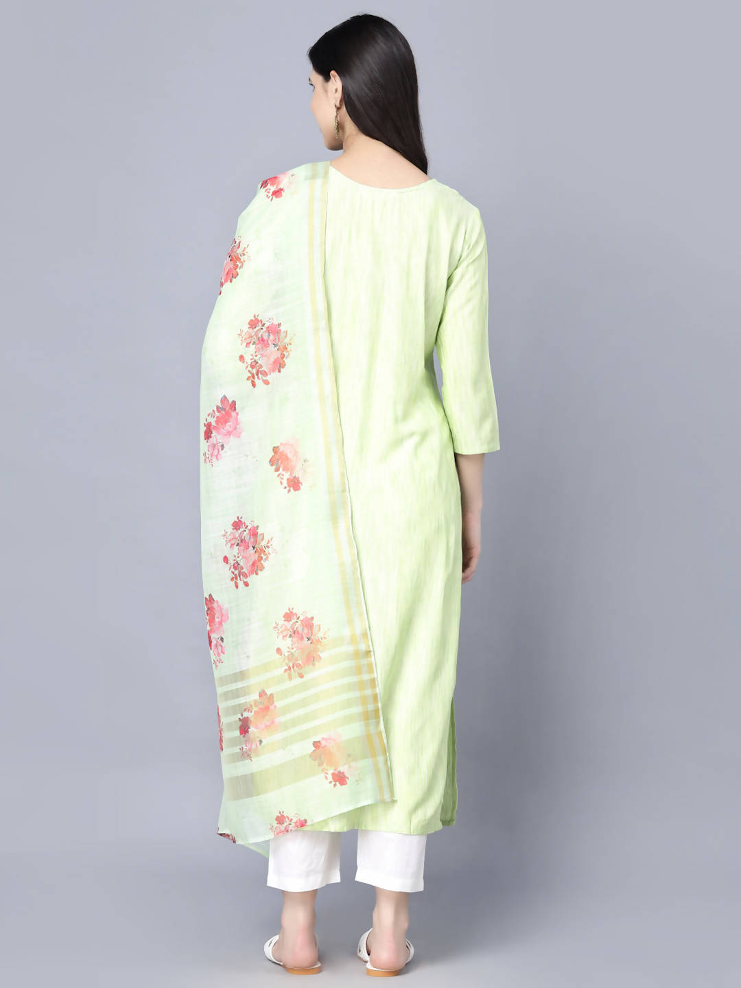 Myshka Women Lime Green Floral Printed Panelled Pure Cotton Kurti with Trousers With Dupatta