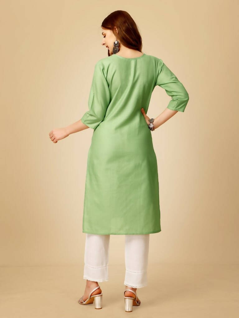 Aastha Fashion Women's Lime Green Cotton Blend Embroidered Kurta Pant Set - Grab2buy