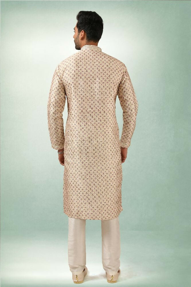 Raivat Ethnic Art Silk Printed Work Kurta Pajama In Cream Colour