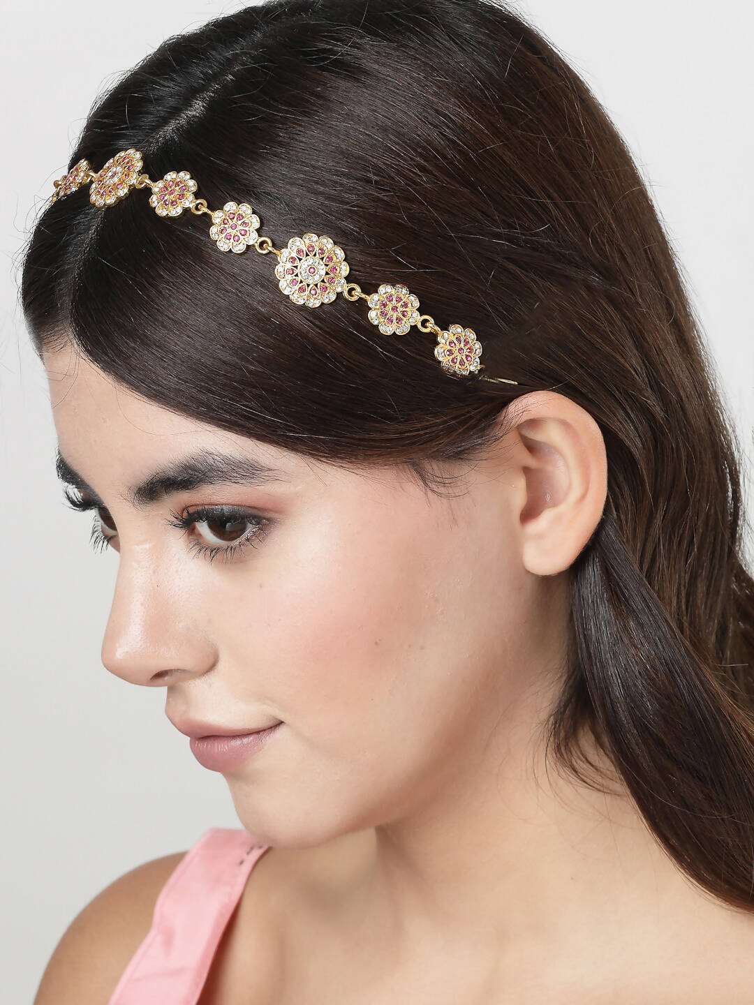 NVR Women's Gold-Polished Traditional Meenakari Stones Trending Matha Patti 